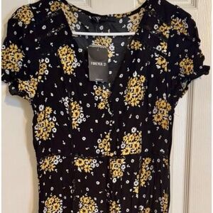 Forever 21 Black Button Zipper Dress White Yellow Flowers Lace Size Large New
